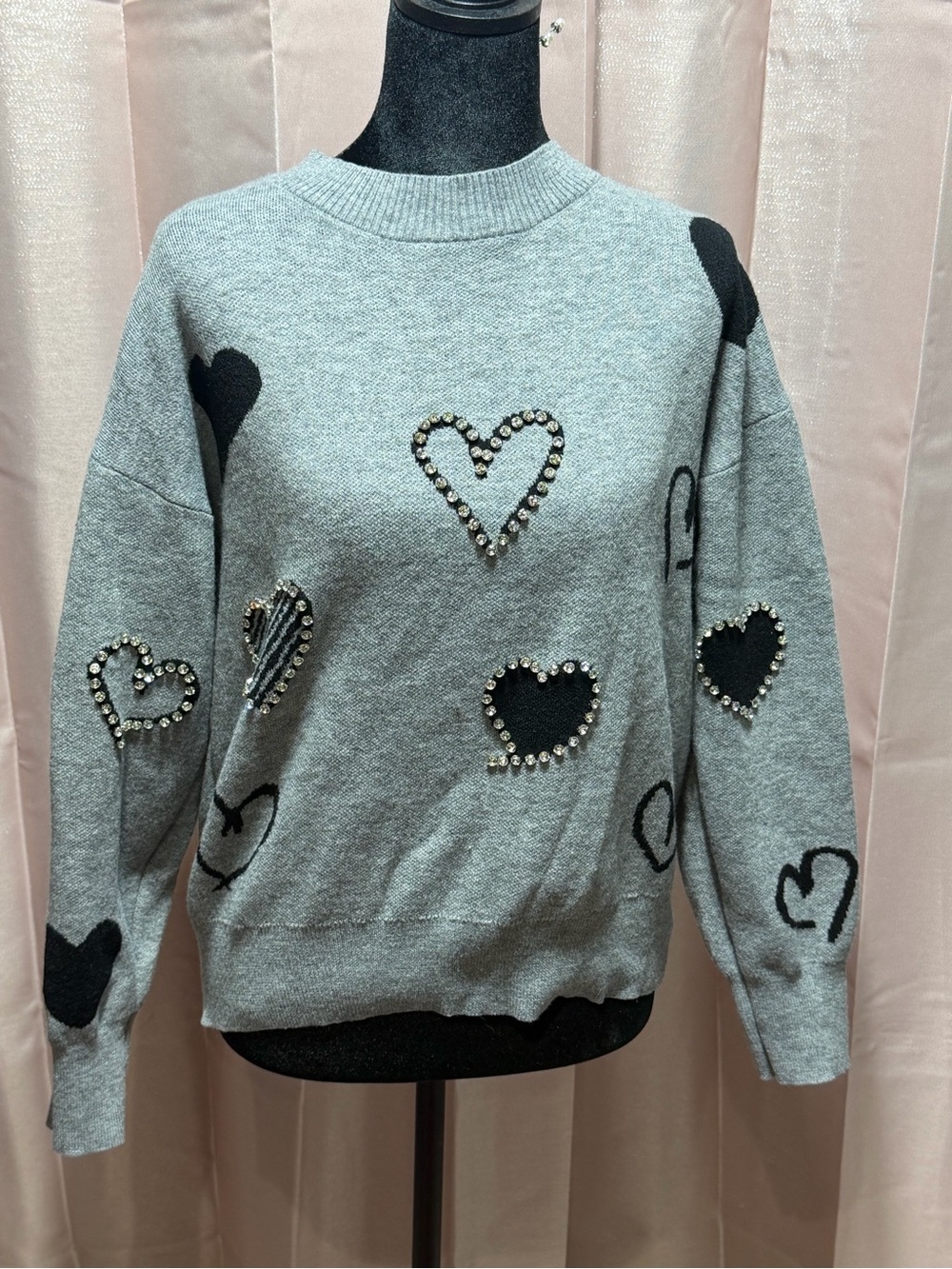 Nanette Lepore Gray Crewneck Sweater with Black Heart Accents